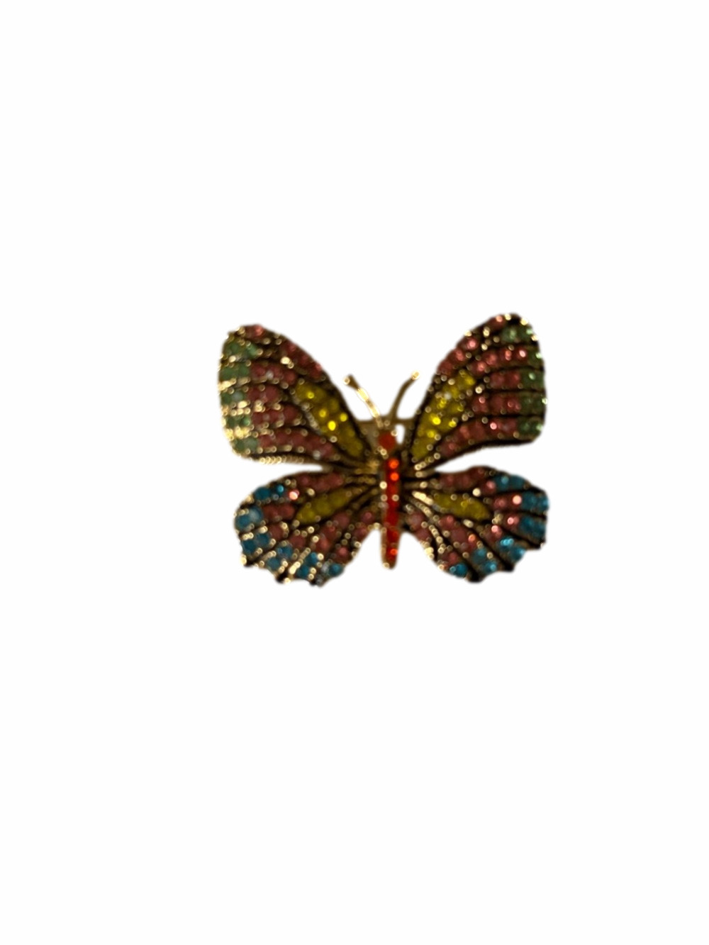 Gold tone butterfly brooch with multi color rhinestones - vintage style.